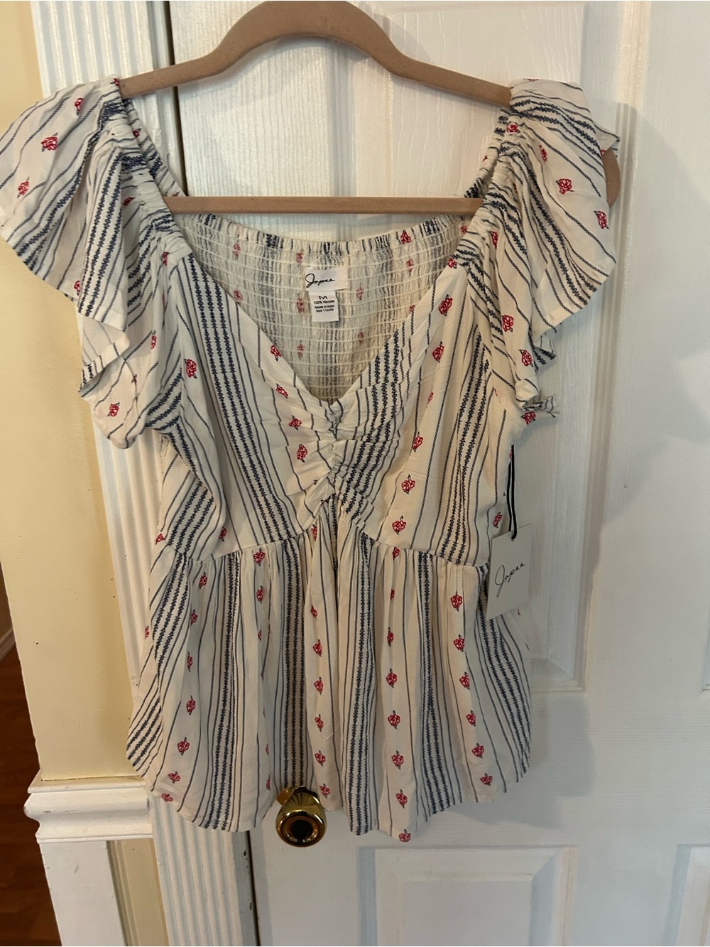NWT Japna Cream Striped Ruffle V-Neck Top with Red Floral Accents